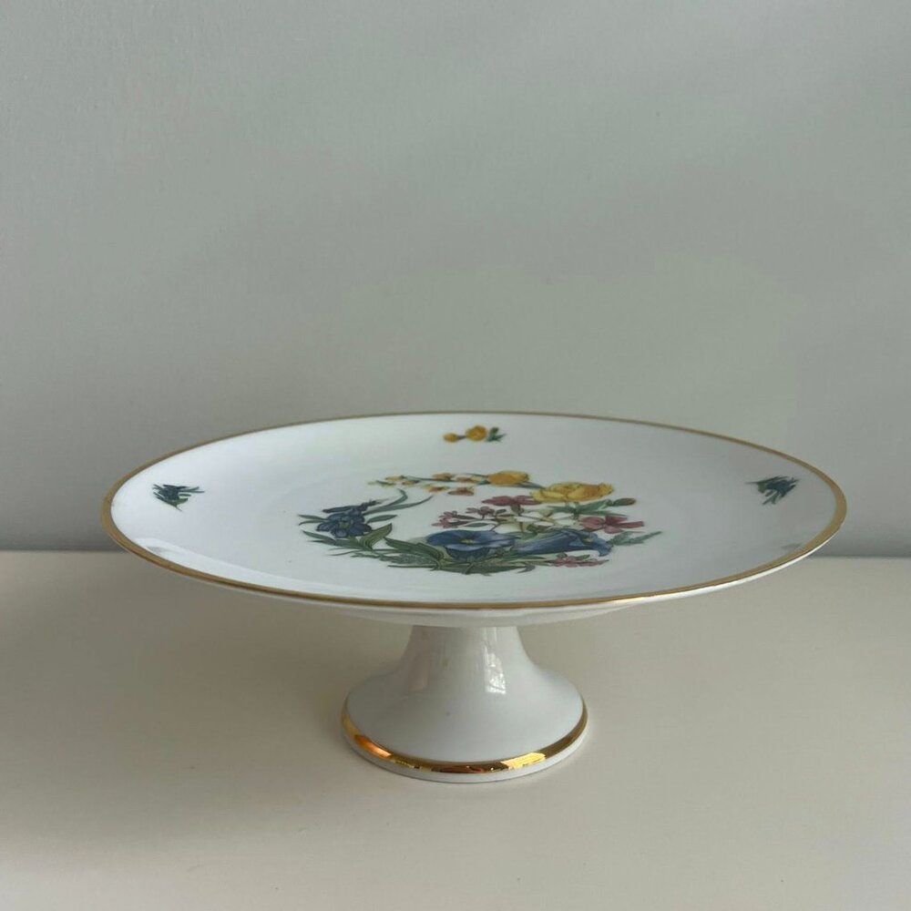 JKW Bavaria Fine Porcelain CAKE STAND Floral Swag Gold Rim 1930 Western Germany